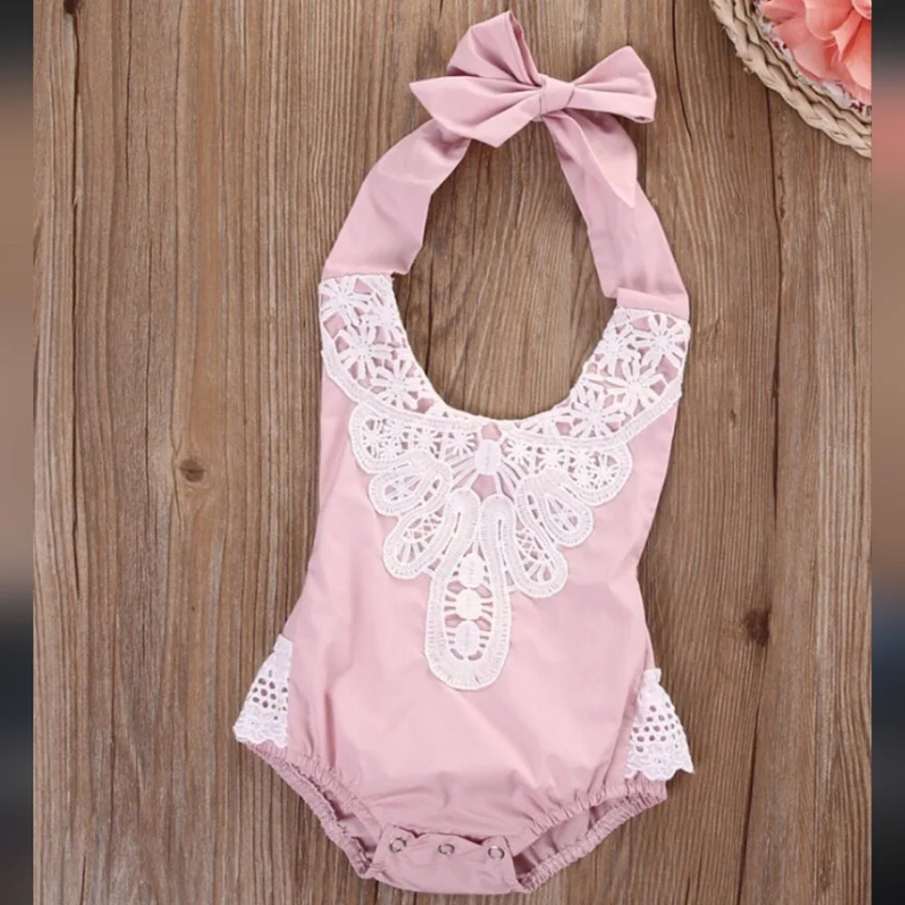 🎁 10/$25  Pink 9 month romper with halter neck and ruffle butt